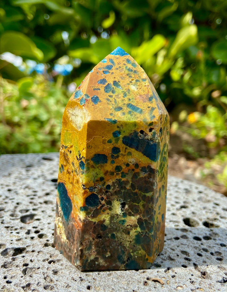 Blue Apatite in Green Opal Tower