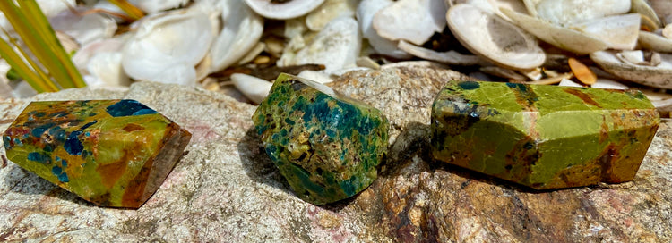 Blue Apatite in Green Opal