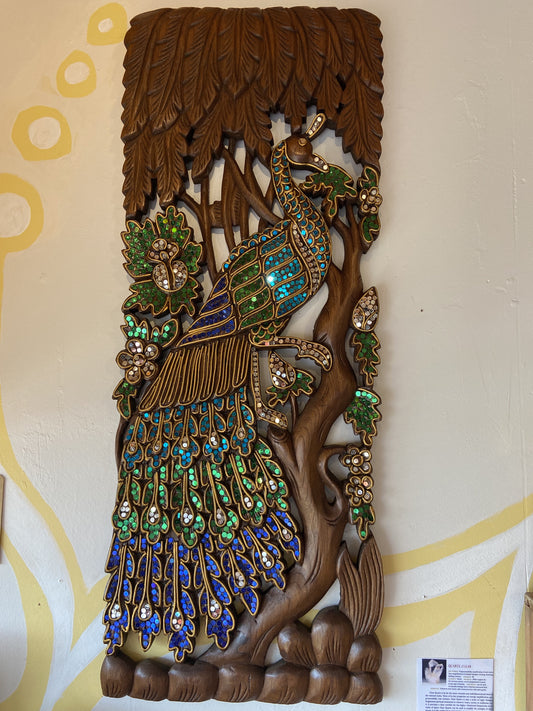 Peacock Teak Wooden Carving Natural With Decoration