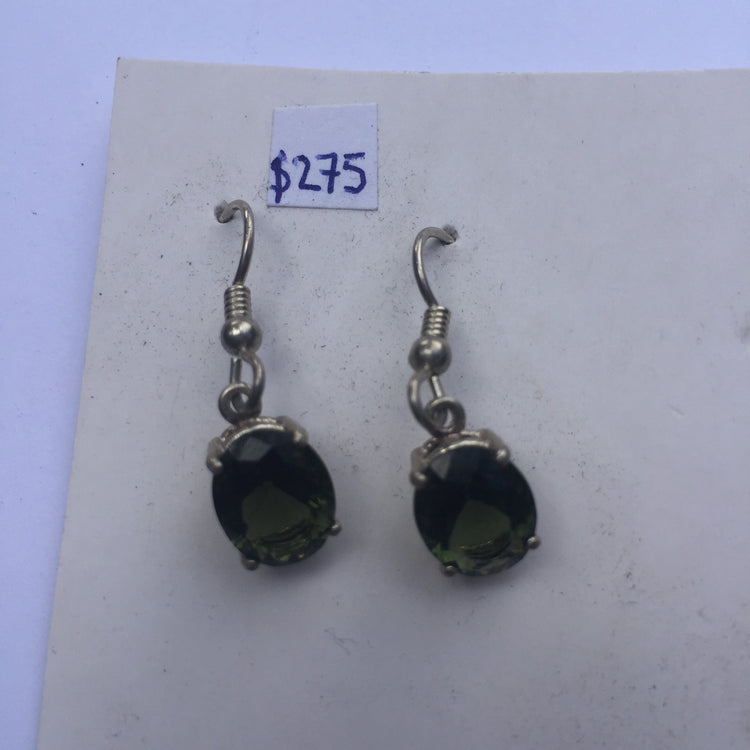 Moldavite Oval Faceted Sterling Silver Earrings