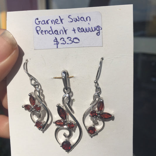 Garnet Swan Pendant + Earrings Sterling Silver Set