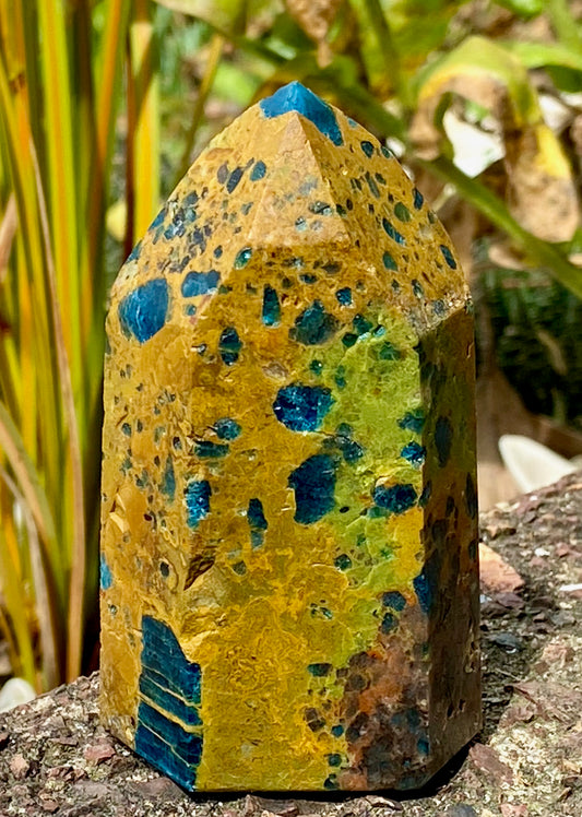 Blue Apatite in Green Opal Tower