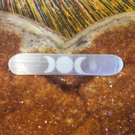 Selenite Charging Plate with Moon and Flower of Life