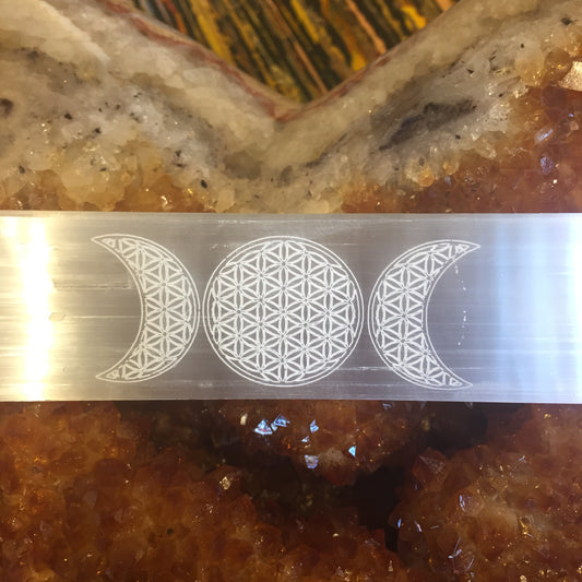 Selenite Charging Plate with Moon and Flower of Life
