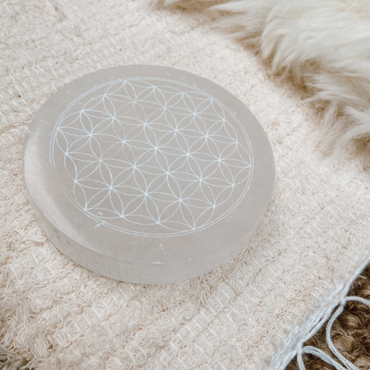 Selenite Round Charging Plate with Flower of Life